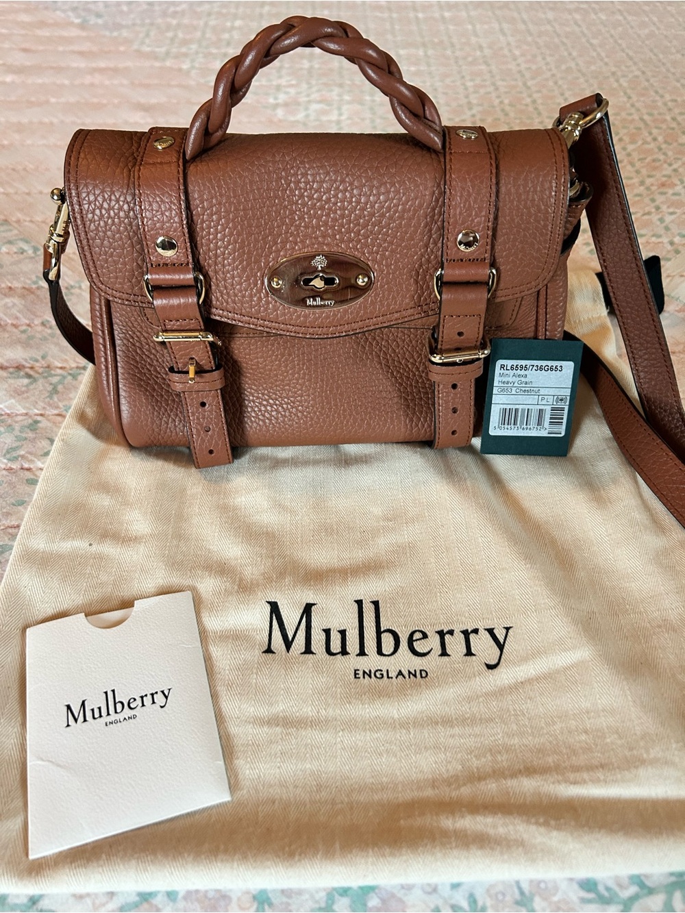 Mulberry Mini Alexa Heavy Grain Leather Satchel Chestnut Brown Retails $1345 EUC